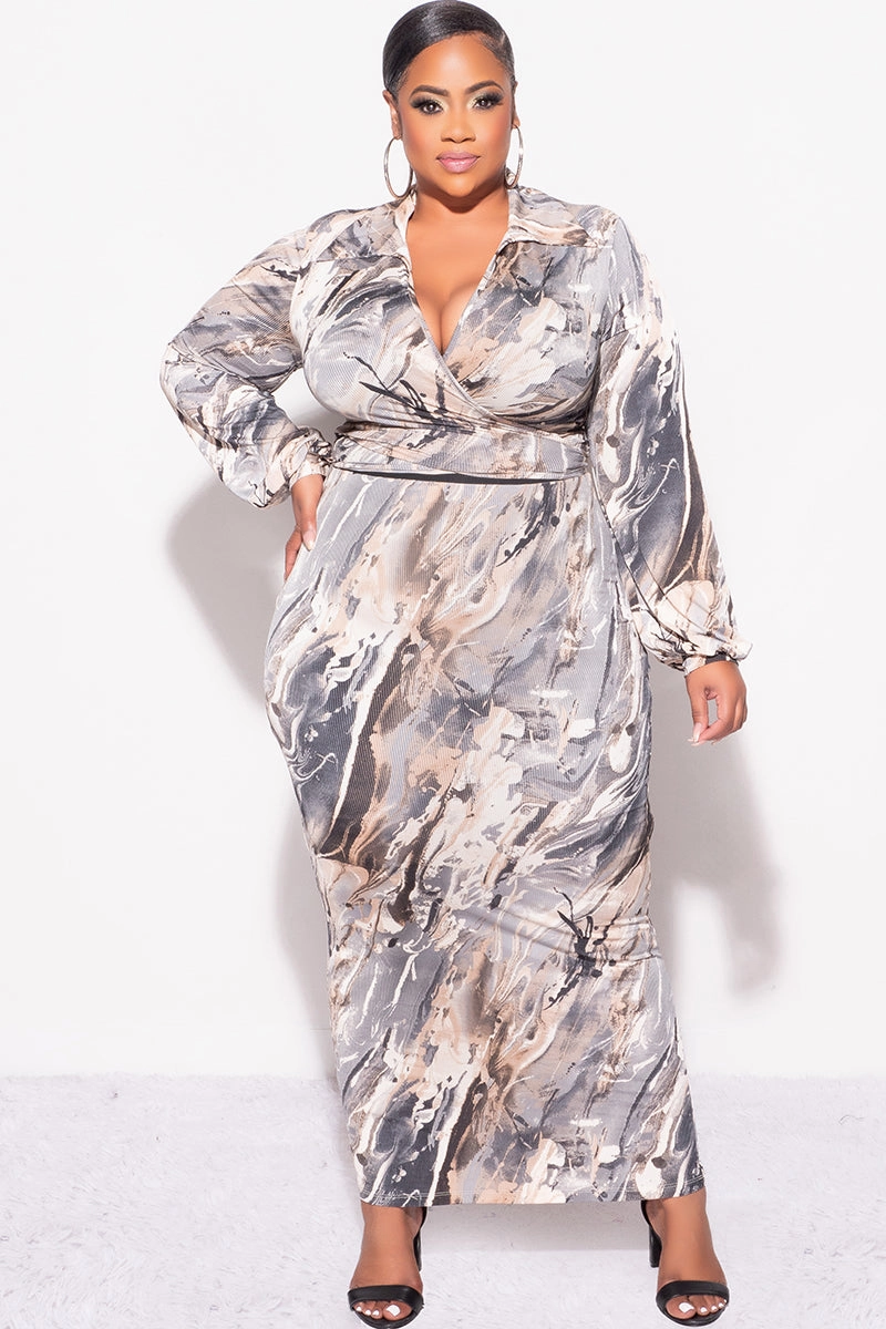 Flattering Shape Durable Material Final Sale Plus Size 2pc Long Sleeve Faux Wrap Collar Crop Tie Top and Skirt Set in Grey & Tan Multi Color Print