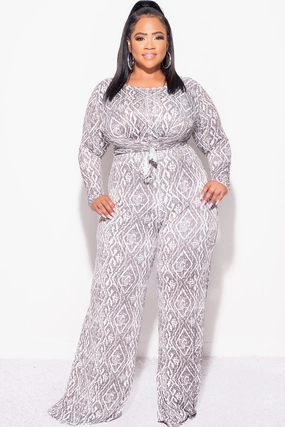 Fashionable Waist Final Sale Plus Size 2pc Long Sleeve Tie Top and Pants Set in Olive and White Design Print
