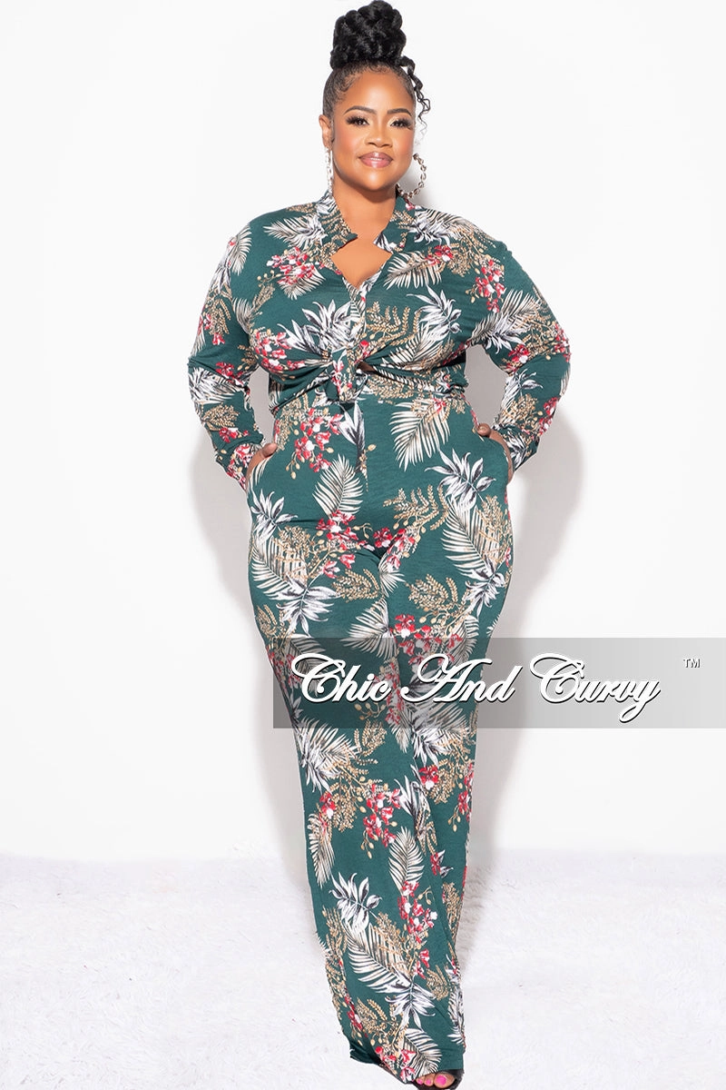 Final Sale Plus Size 2pc Long Sleeved Button Up Shirt and Pants Set in Forest Green & Cranberry No Chafe