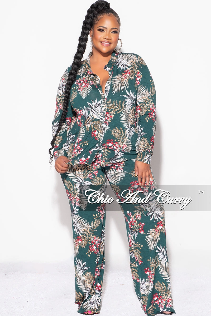Final Sale Plus Size 2pc Long Sleeved Button Up Shirt and Pants Set in Forest Green & Cranberry Active Stretch ReinforcedBeltLoops