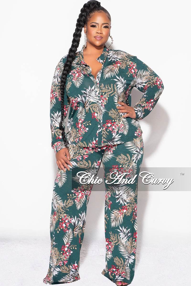 Practical Wear Final Sale Plus Size 2pc Long Sleeved Button Up Shirt and Pants Set in Forest Green & Cranberry