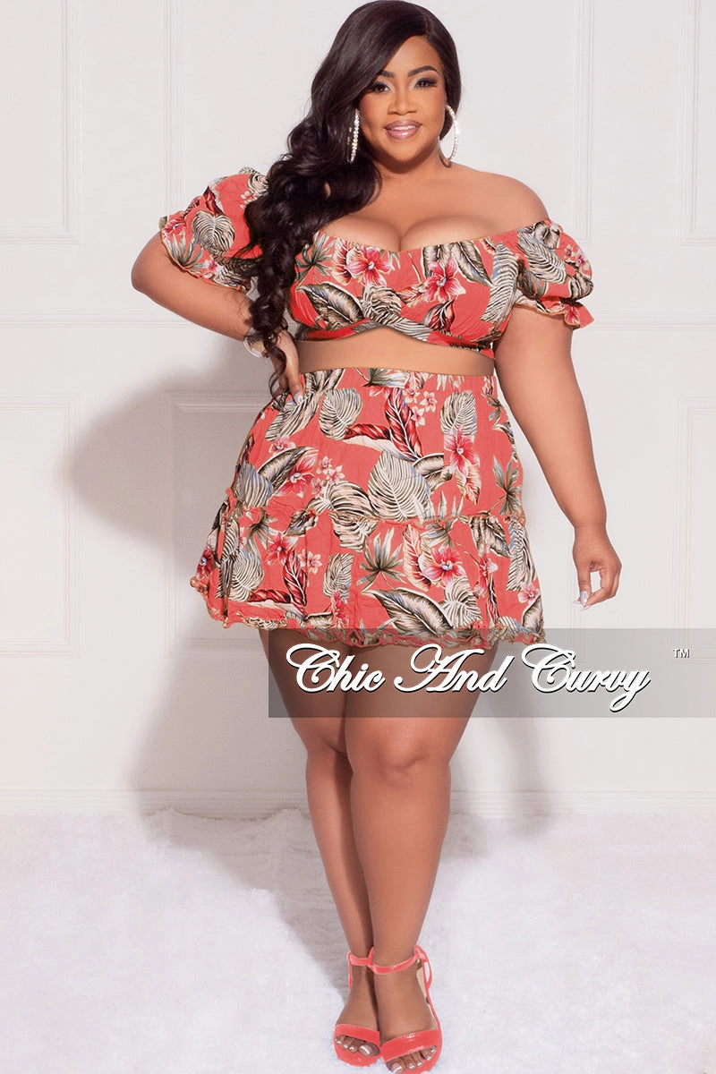 Final Sale Plus Size 2pc Off the Shoulder Crop Top and Skirt Set in Mauve Floral Print All Fit Fit Comfort