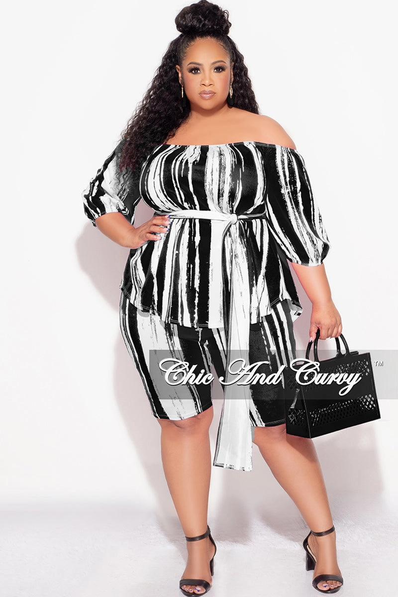 Relaxed Waist Reflective details Final Sale Plus Size 2pc Off the Shoulder Peplum Top and Bermuda Shorts Set in Black and White