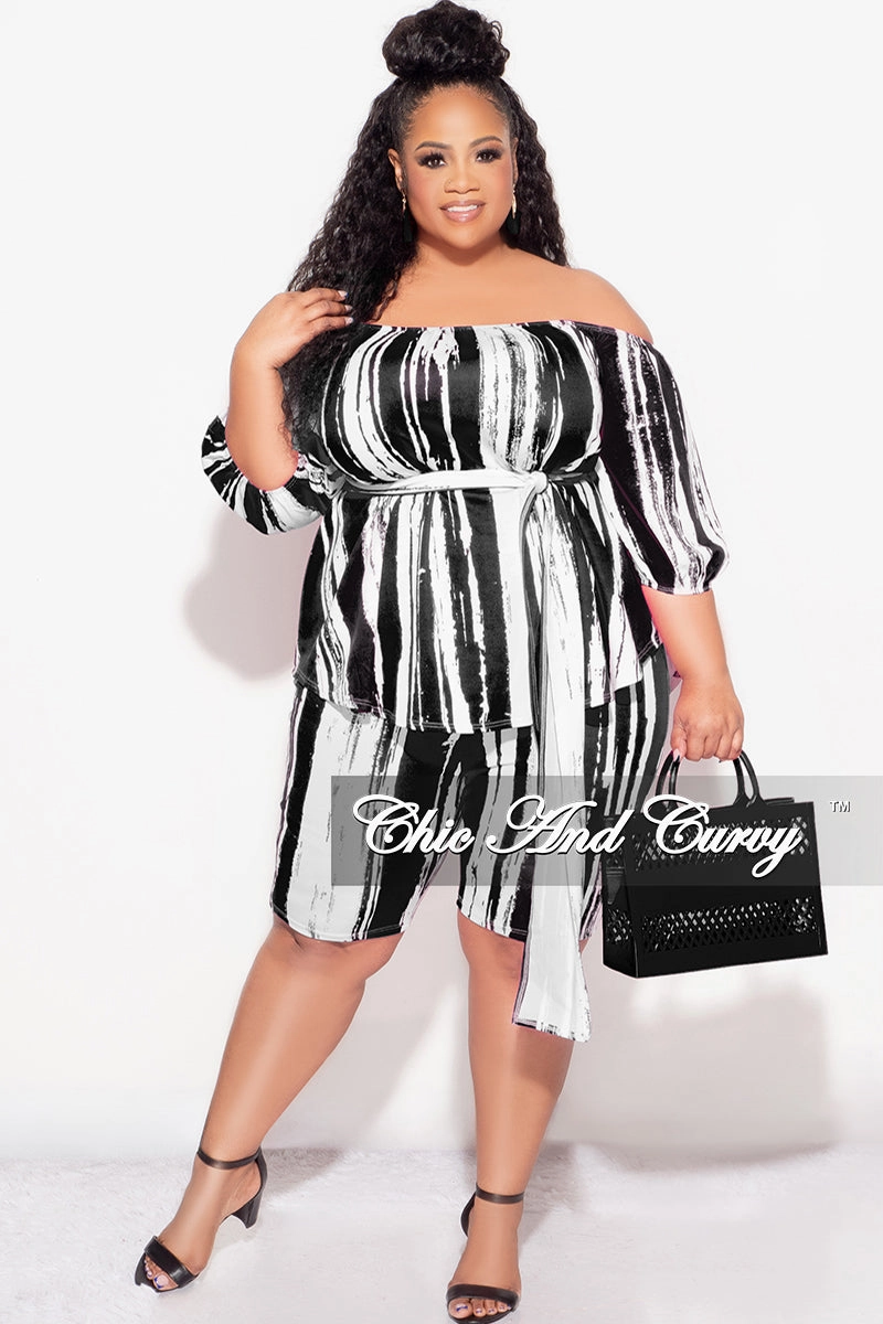 Final Sale Plus Size 2pc Off the Shoulder Peplum Top and Bermuda Shorts Set in Black and White Body-Hugging Fit
