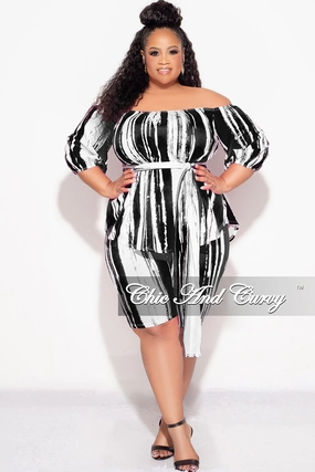 Final Sale Plus Size 2pc Off the Shoulder Peplum Top and Bermuda Shorts Set in Black and White Sporty Look