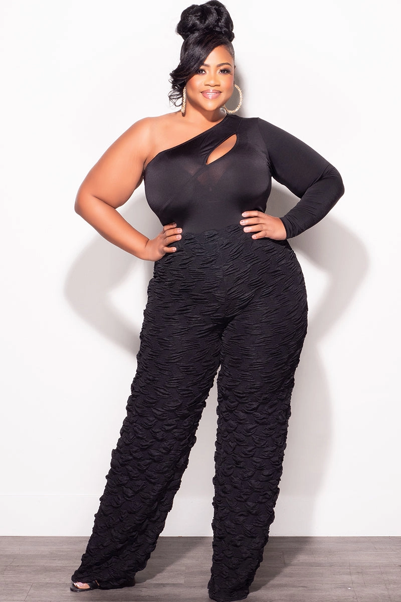 Final Sale Plus Size 2pc One Shoulder Cutout Bodysuit Top and Pants Set in Black High Waist