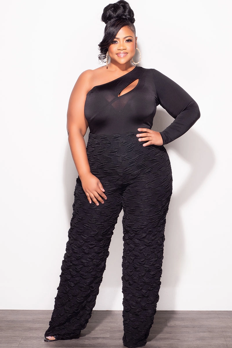 Final Sale Plus Size 2pc One Shoulder Cutout Bodysuit Top and Pants Set in Black Adaptable Design