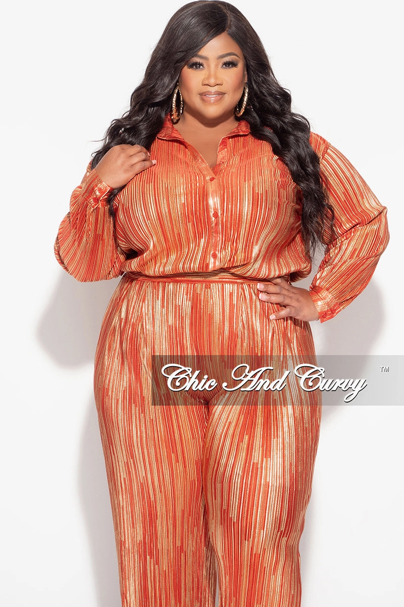 Final Sale Plus Size 2pc Oversized Collar Button Up Top and Palazzo Pleated Pants in 2pc Set Rust and Gold Flex Fit Design