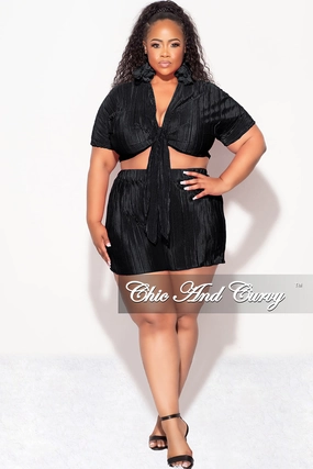 WindproofLayer Final Sale Plus Size 2pc Pleated Crop Tie Top & Short Set in Black