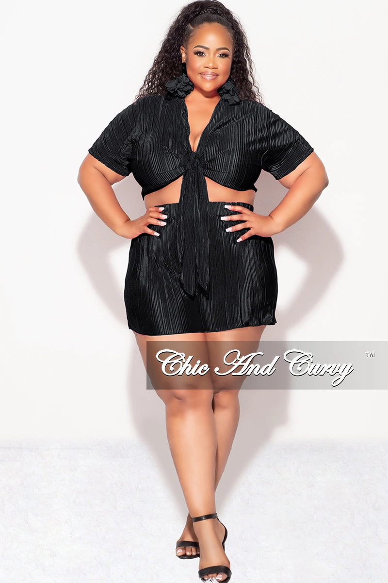 Final Sale Plus Size 2pc Pleated Crop Tie Top & Short Set in Black Casual Performance Wear