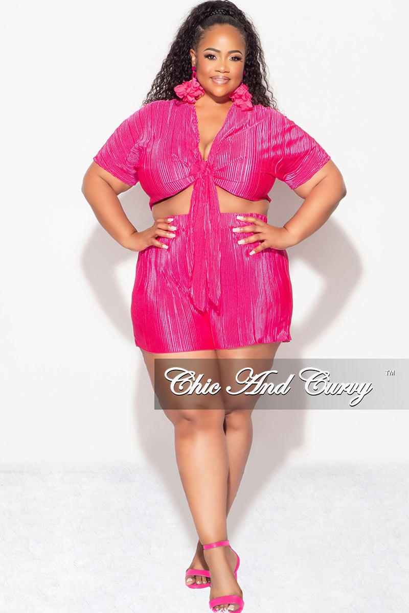 Final Sale Plus Size 2pc Pleated Crop Tie Top & Short Set in Fuchsia Relaxed Look