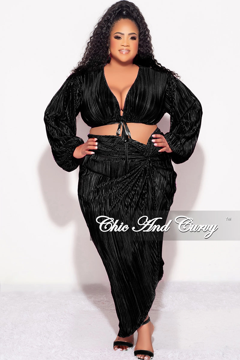 Final Sale Plus Size 2pc Pleated Crop Tie Top & Wrap Skirt Set in Black Modular Attachment
