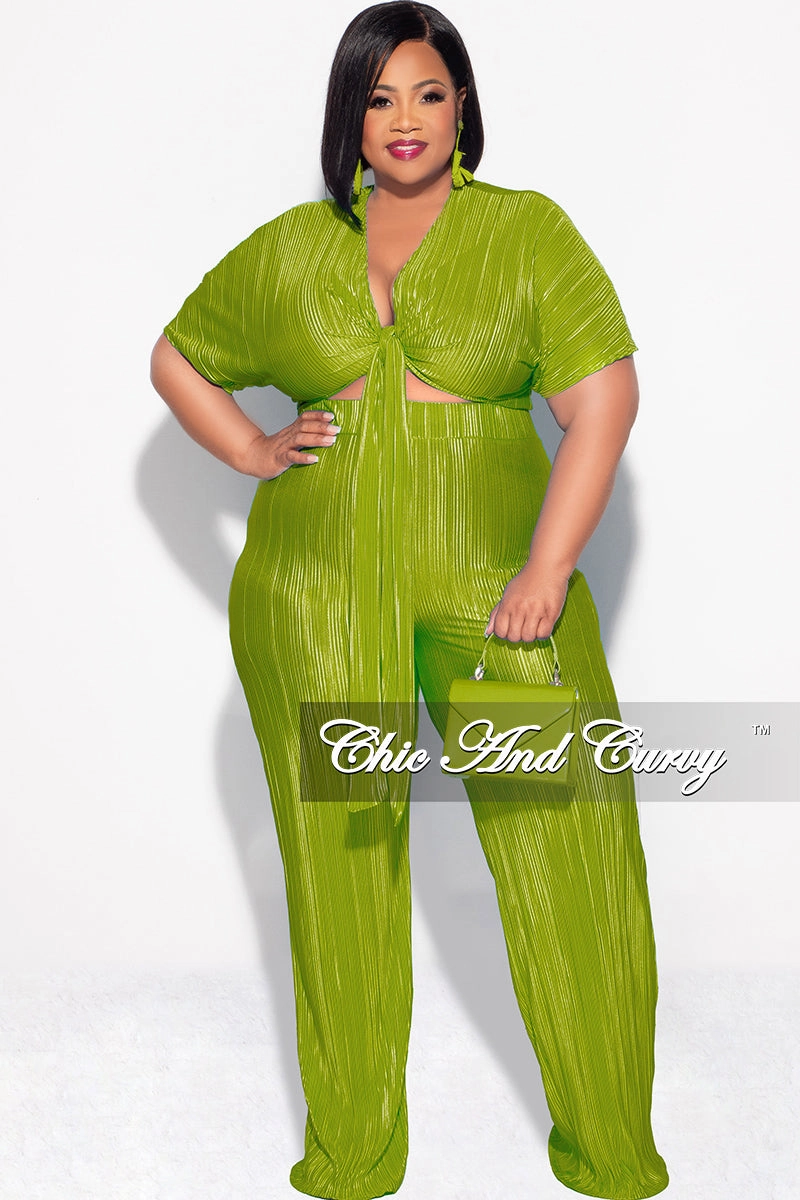 Final Sale Plus Size 2pc Pleated Top and Pants Set in Olive NonSlipGrip Low-rise style