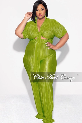 Final Sale Plus Size 2pc Pleated Top and Pants Set in Olive AllDayComfort Stain Resistant