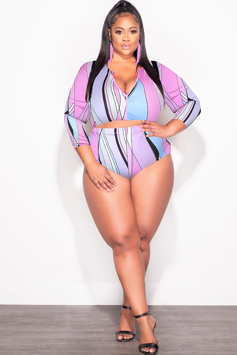 Final Sale Plus Size 2Pc Poolside Playsuit Set in Pink & Blue Print Sporty Style Breathable Stretch