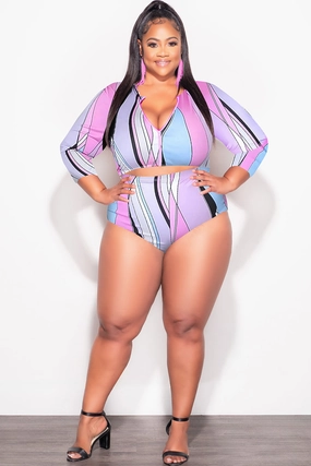 Final Sale Plus Size 2Pc Poolside Playsuit Set in Pink & Blue Print Non Clip Core Flex
