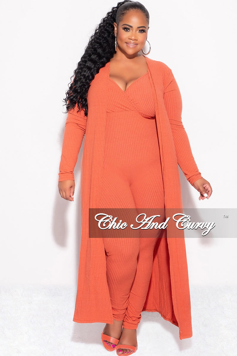 Final Sale Plus Size 2pc Ribbed Duster & Spaghetti Strap Jumpsuit Set in Orange Body Contour