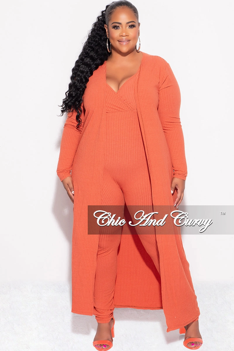 Final Sale Plus Size 2pc Ribbed Duster & Spaghetti Strap Jumpsuit Set in Orange Timeless Comfort