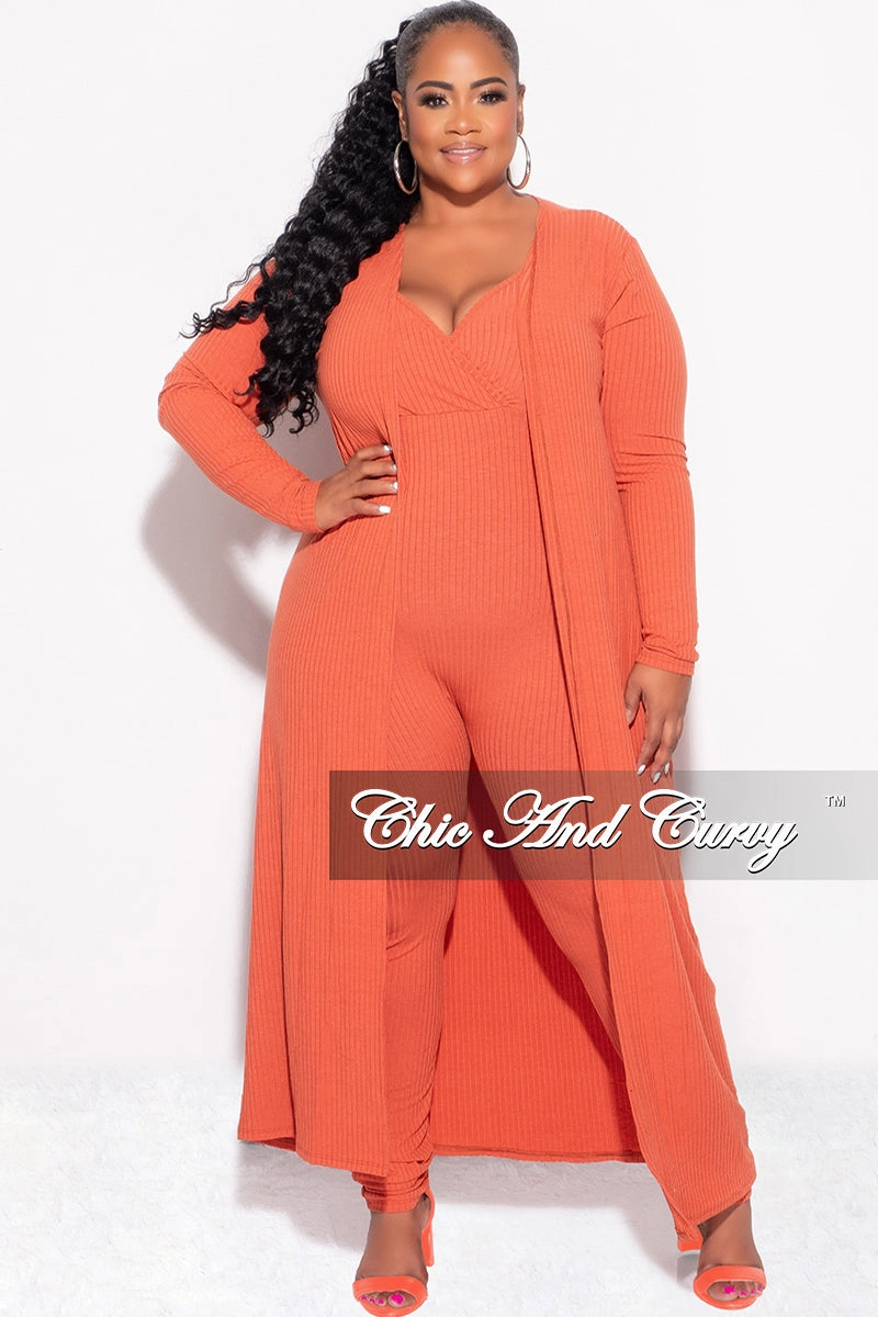 Comfortable Movement Convertible legs Final Sale Plus Size 2pc Ribbed Duster & Spaghetti Strap Jumpsuit Set in Orange