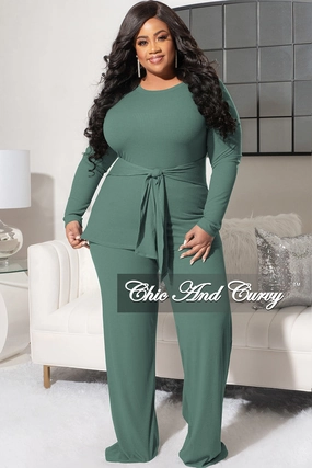 Final Sale Plus Size 2pc Ribbed Long Sleeve Top and Pants Set in Sage Odor Resistant Treatment