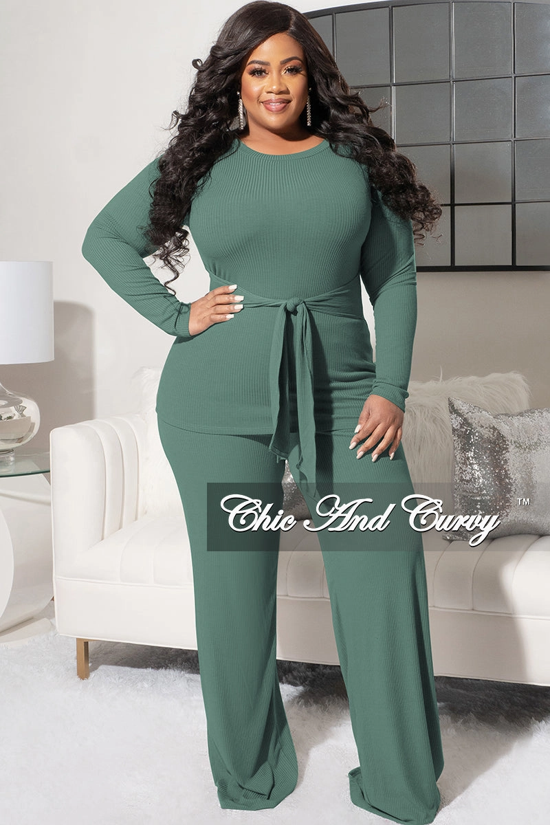 Timeless Appeal Final Sale Plus Size 2pc Ribbed Long Sleeve Top and Pants Set in Sage