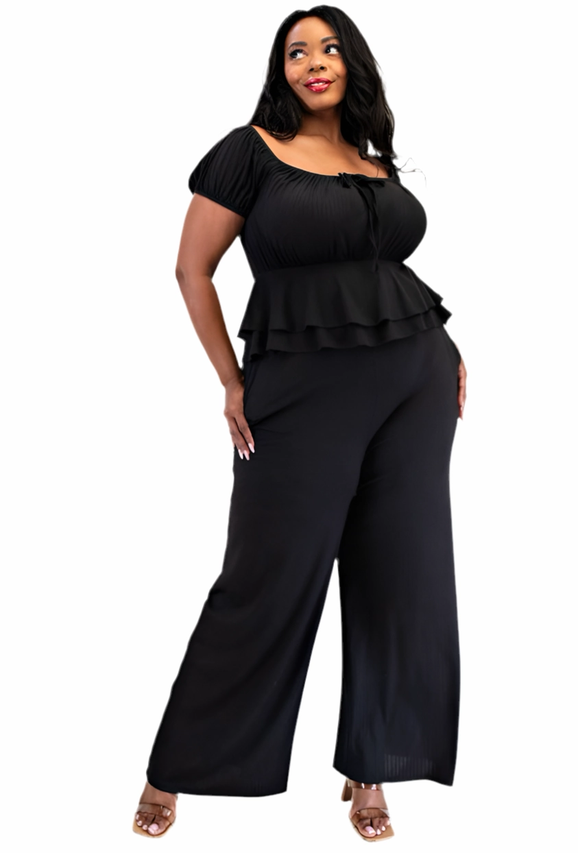 Final Sale Plus Size 2pc Ribbed Peplum Top and Pants Set in Black Performance Design Fit Comfortable Style