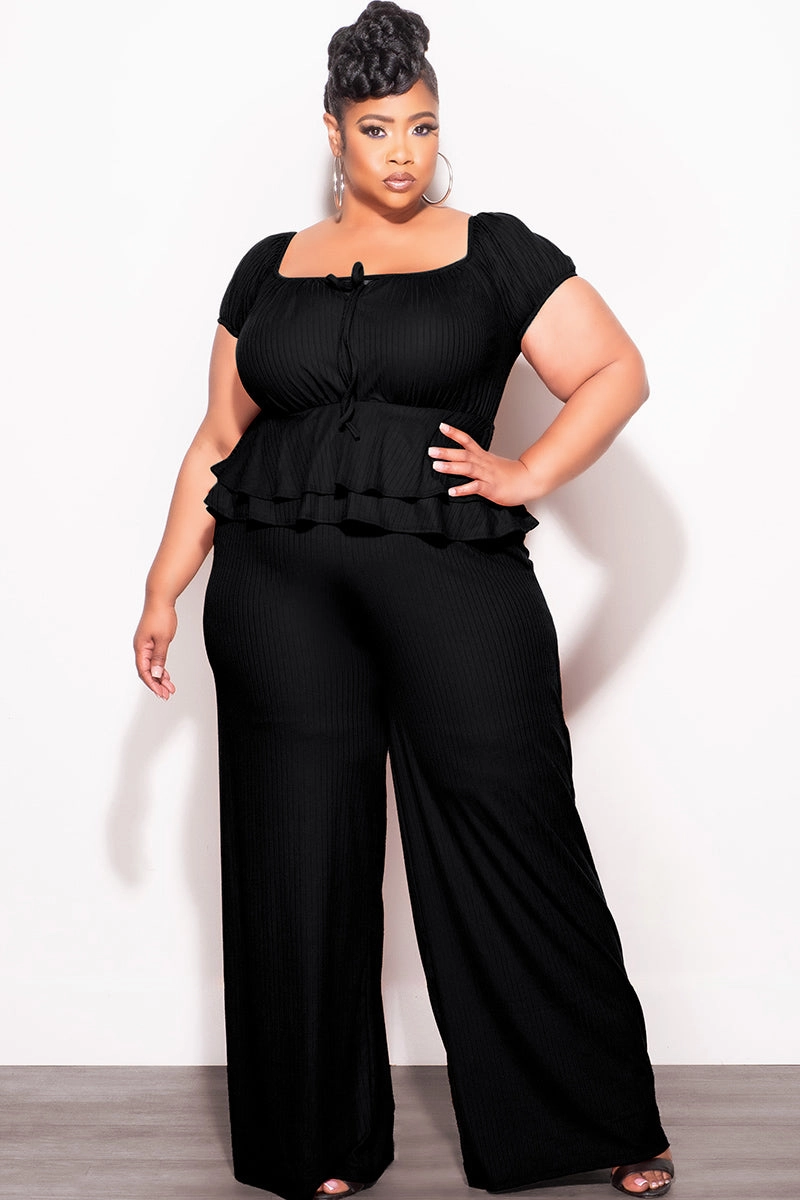 Low Profile Waistband Final Sale Plus Size 2pc Ribbed Peplum Top and Pants Set in Black