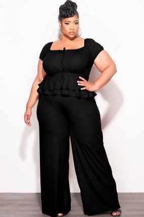Low Profile Waistband Final Sale Plus Size 2pc Ribbed Peplum Top and Pants Set in Black