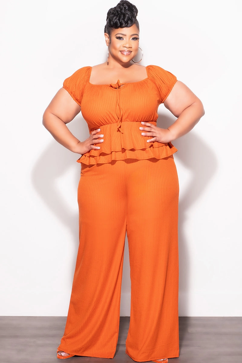 Final Sale Plus Size 2pc Ribbed Peplum Top and Pants Set in Orange Neutral Fit EcoFriendlyBlend
