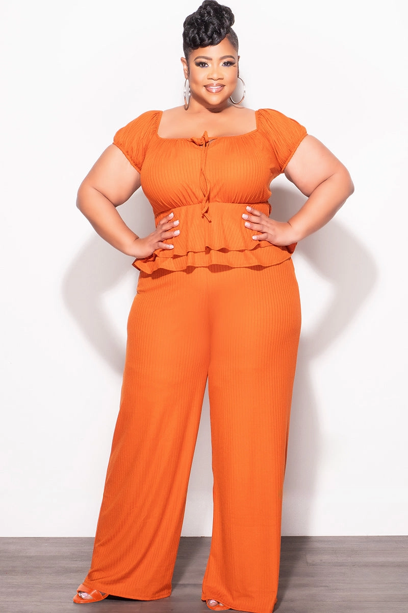 Flexible Use Final Sale Plus Size 2pc Ribbed Peplum Top and Pants Set in Orange