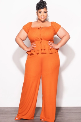 Flexible Use Final Sale Plus Size 2pc Ribbed Peplum Top and Pants Set in Orange