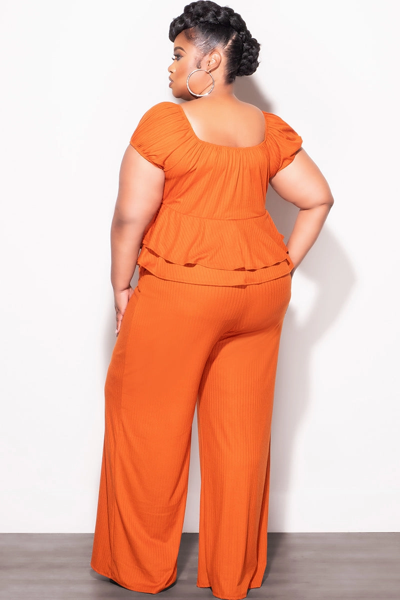 Sport Performance Design Final Sale Plus Size 2pc Ribbed Peplum Top and Pants Set in Orange