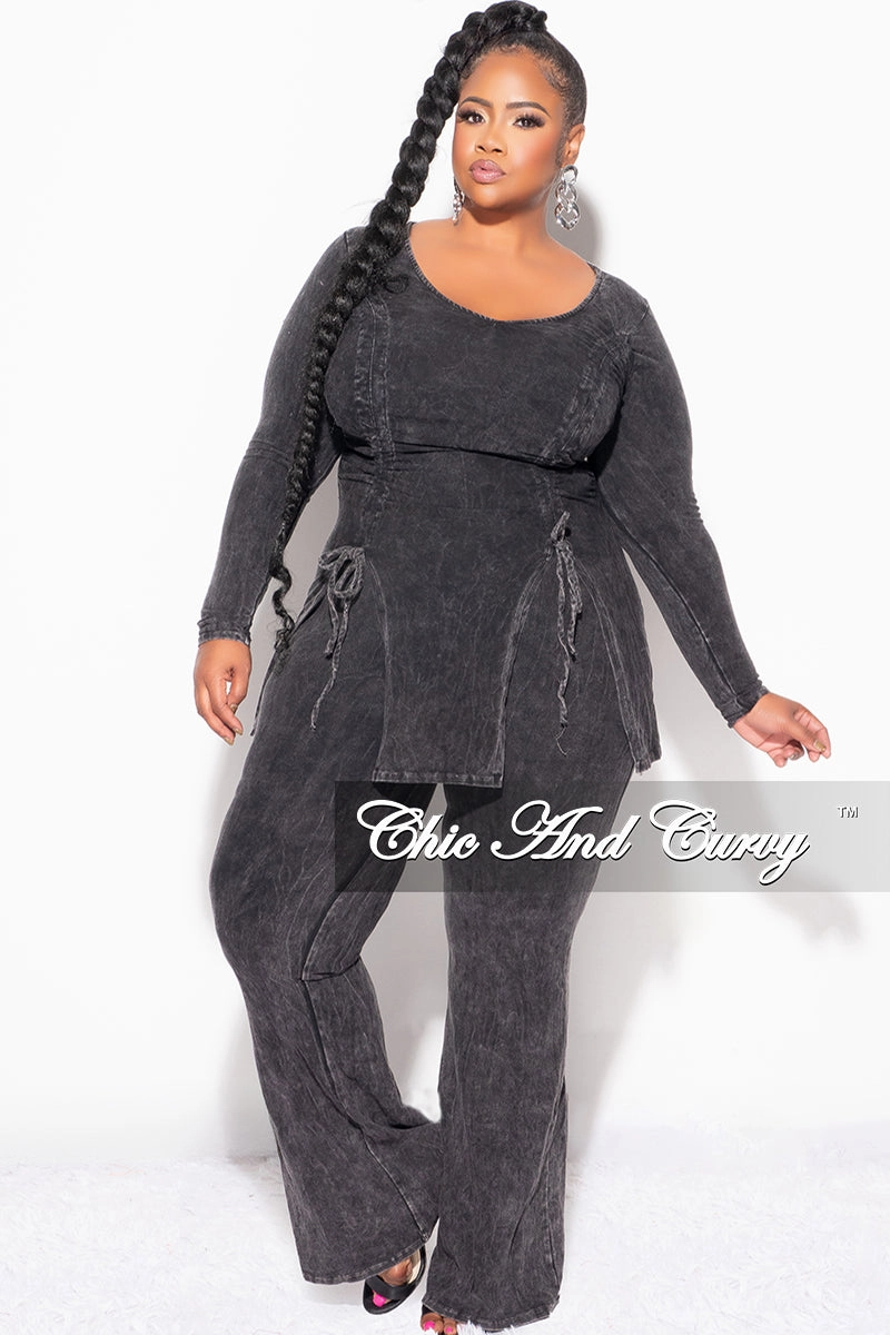 Breathable Comfort Design Final Sale Plus Size 2pc Ruched Drawstring Double Slit Top and Pants Set in Black