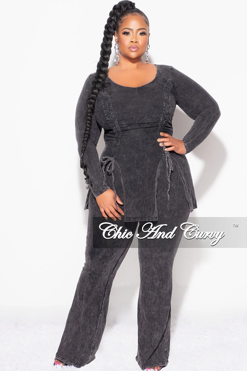 Chilly Wear Final Sale Plus Size 2pc Ruched Drawstring Double Slit Top and Pants Set in Black