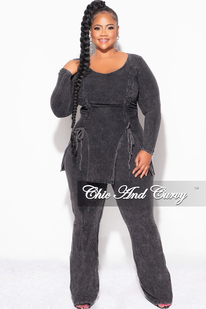 Flattering Comfort Easy Motion Final Sale Plus Size 2pc Ruched Drawstring Double Slit Top and Pants Set in Black