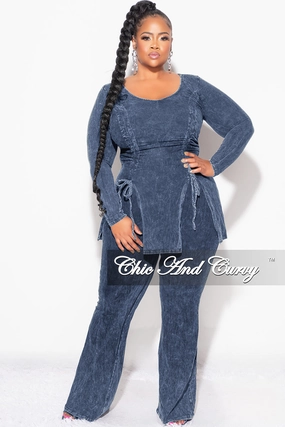 Final Sale Plus Size 2pc Ruched Drawstring Double Slit Top and Pants Set in Blue Embroidered Detail FlexFoamPadding