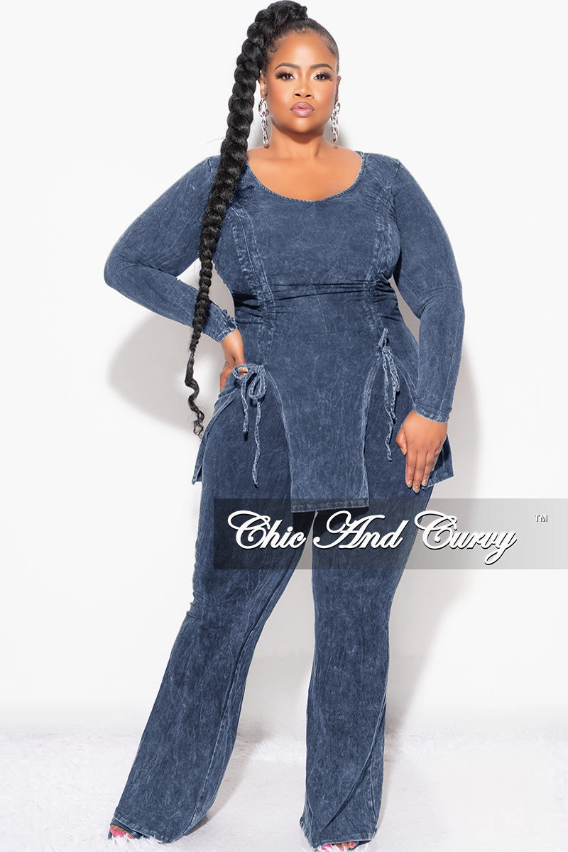 Final Sale Plus Size 2pc Ruched Drawstring Double Slit Top and Pants Set in Blue No Ride-Up