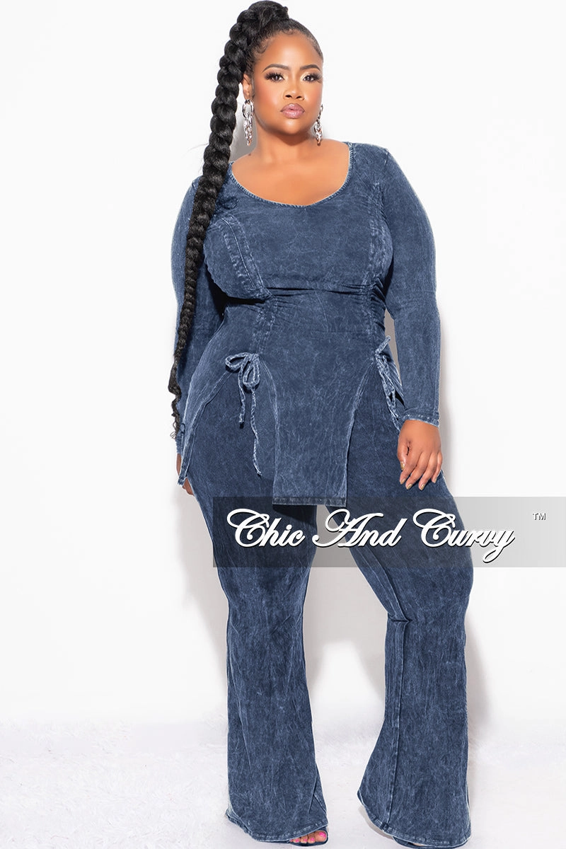 Final Sale Plus Size 2pc Ruched Drawstring Double Slit Top and Pants Set in Blue Layering Essential Flexible Leg