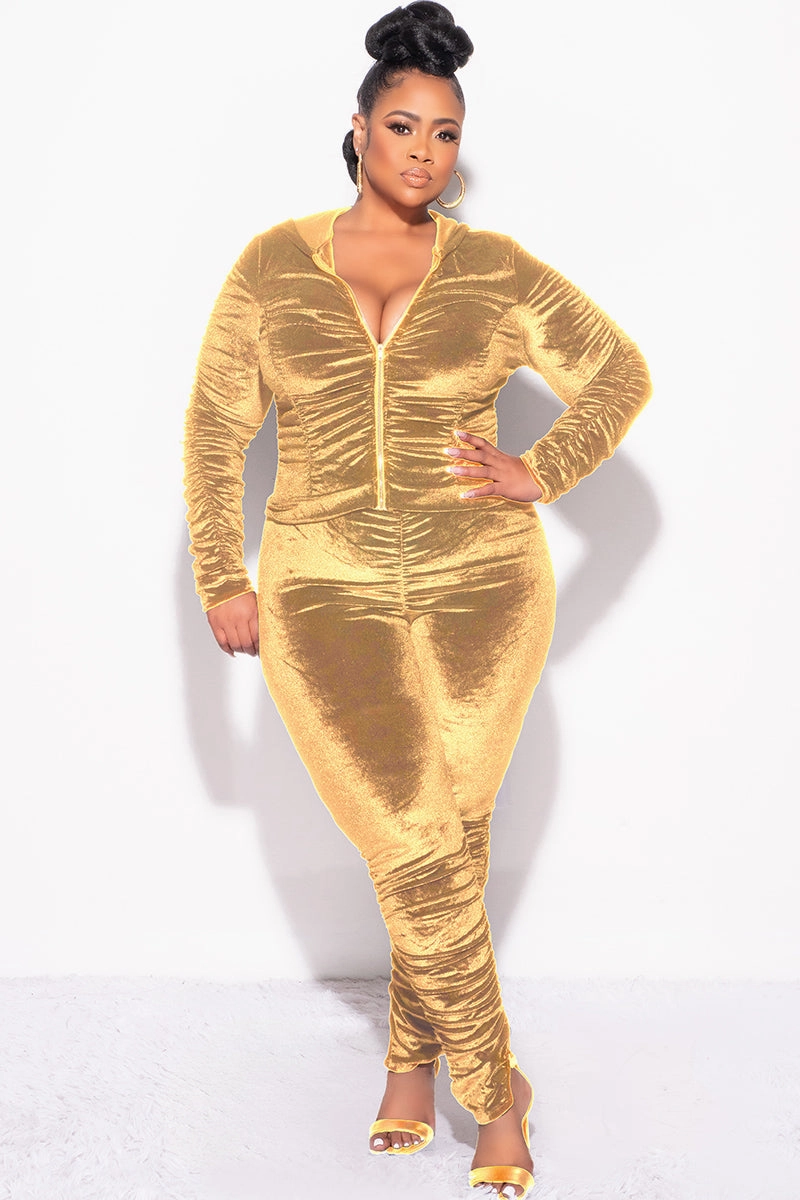 High Durability Stitching All weather Final Sale Plus Size 2pc Ruched Hooded Zip-Up Top and Pants Set in Mustard Velvet