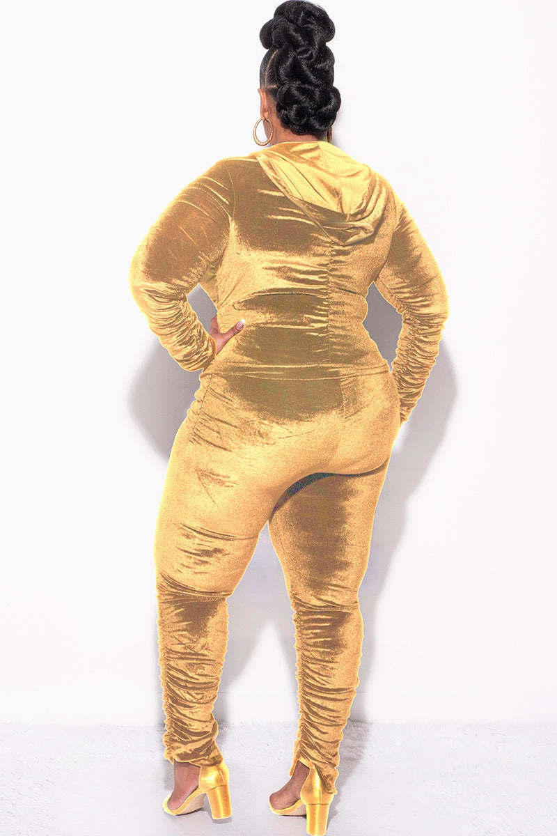 Final Sale Plus Size 2pc Ruched Hooded Zip-Up Top and Pants Set in Mustard Velvet Chic Design