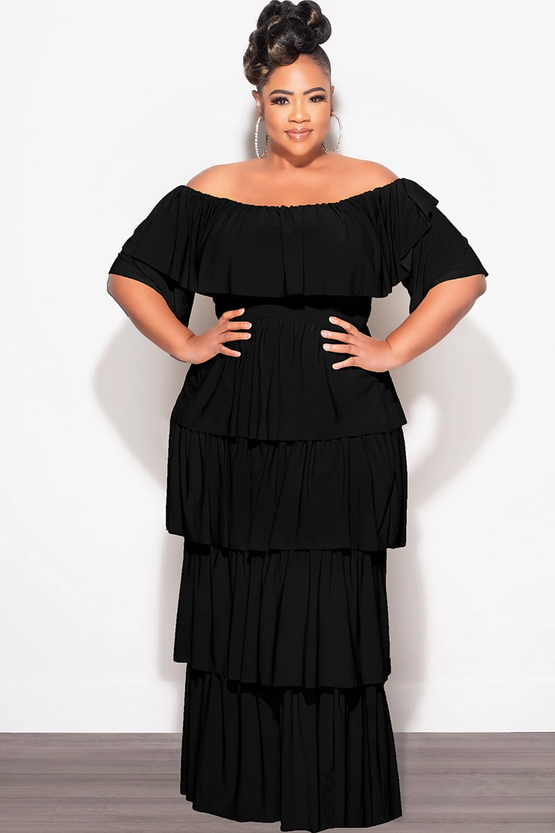 Form Fit Comfort Final Sale Plus Size 2pc Ruffle Tiered Off the Shoulder Crop Top Maxi Skirt Set in Black