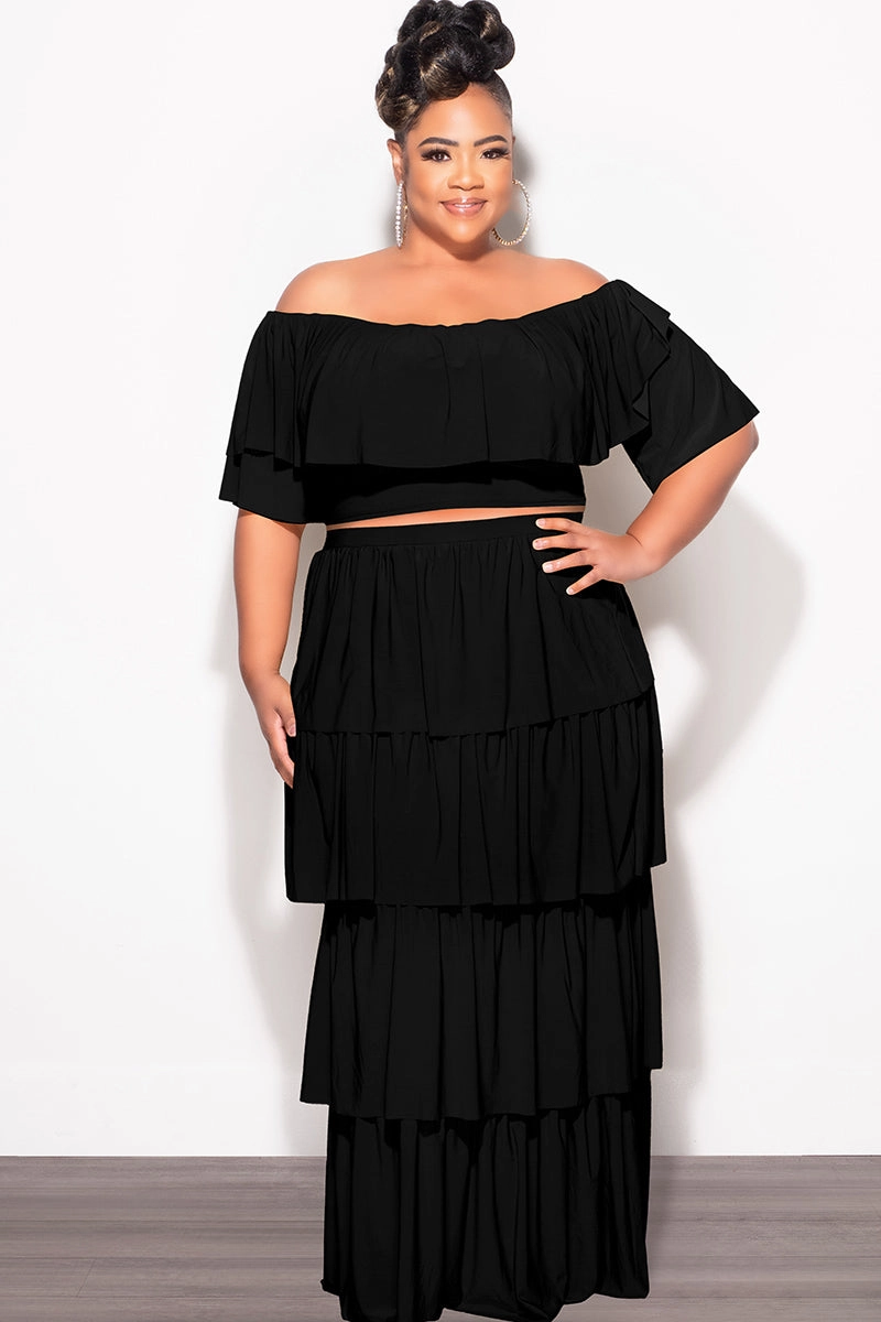 Layered Comfort Final Sale Plus Size 2pc Ruffle Tiered Off the Shoulder Crop Top Maxi Skirt Set in Black