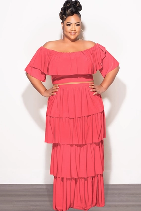 Comfy All-Day BreathableFabric Final Sale Plus Size 2pc Ruffle Tiered Off the Shoulder Crop Top Maxi Skirt Set in Coral
