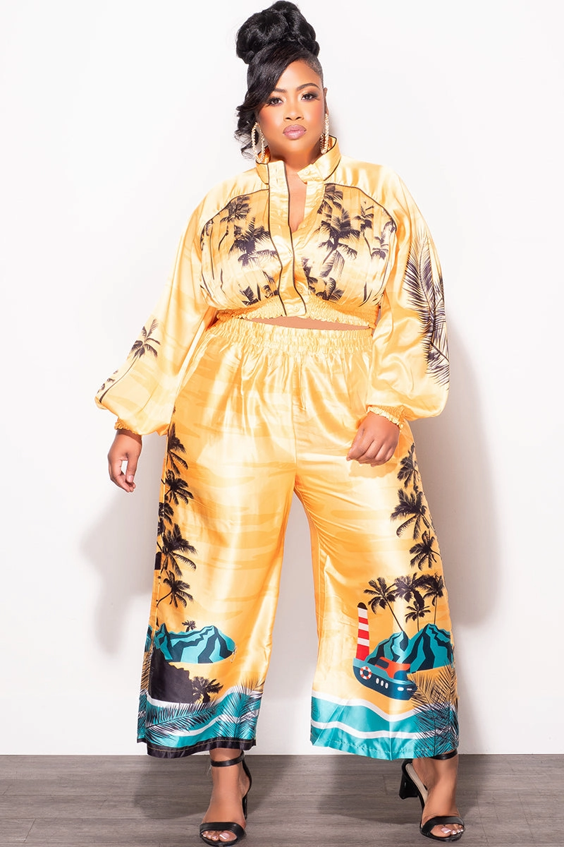 Wear Resistant Fabric Final Sale Plus Size 2pc Satin Set with Crop Top and Culottes Pants in Mustard Palm Print