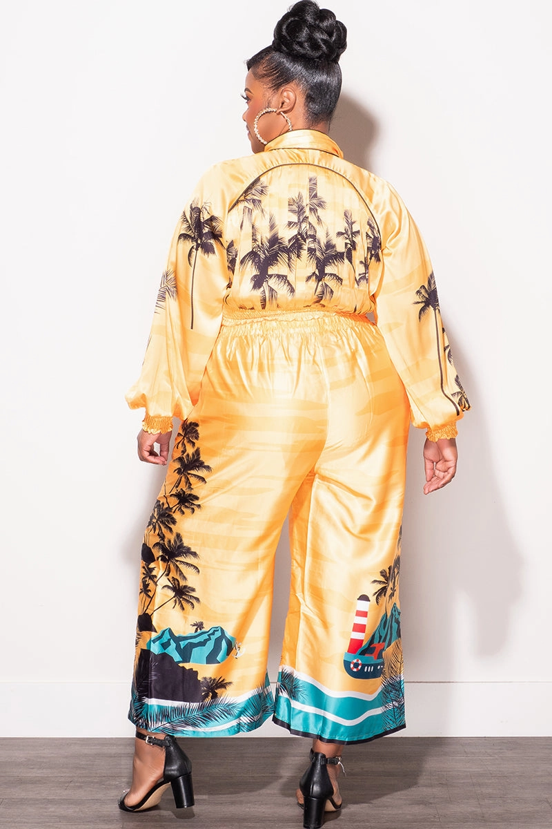 SecureClosureSystem Basic Look Final Sale Plus Size 2pc Satin Set with Crop Top and Culottes Pants in Mustard Palm Print