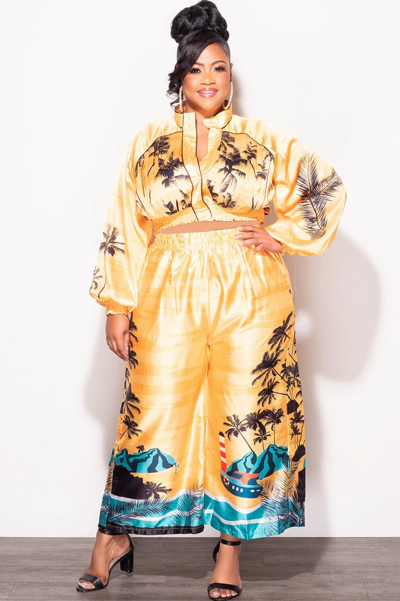 Final Sale Plus Size 2pc Satin Set with Crop Top and Culottes Pants in Mustard Palm Print Dark wash Training Wear