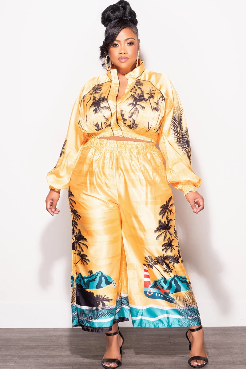 Stain Resistant Final Sale Plus Size 2pc Satin Set with Crop Top and Culottes Pants in Mustard Palm Print