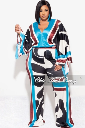 Layering Comfort Tough Style Final Sale Plus Size 2pc Satin Top and Palazzo Pants Set in Turquoise Design