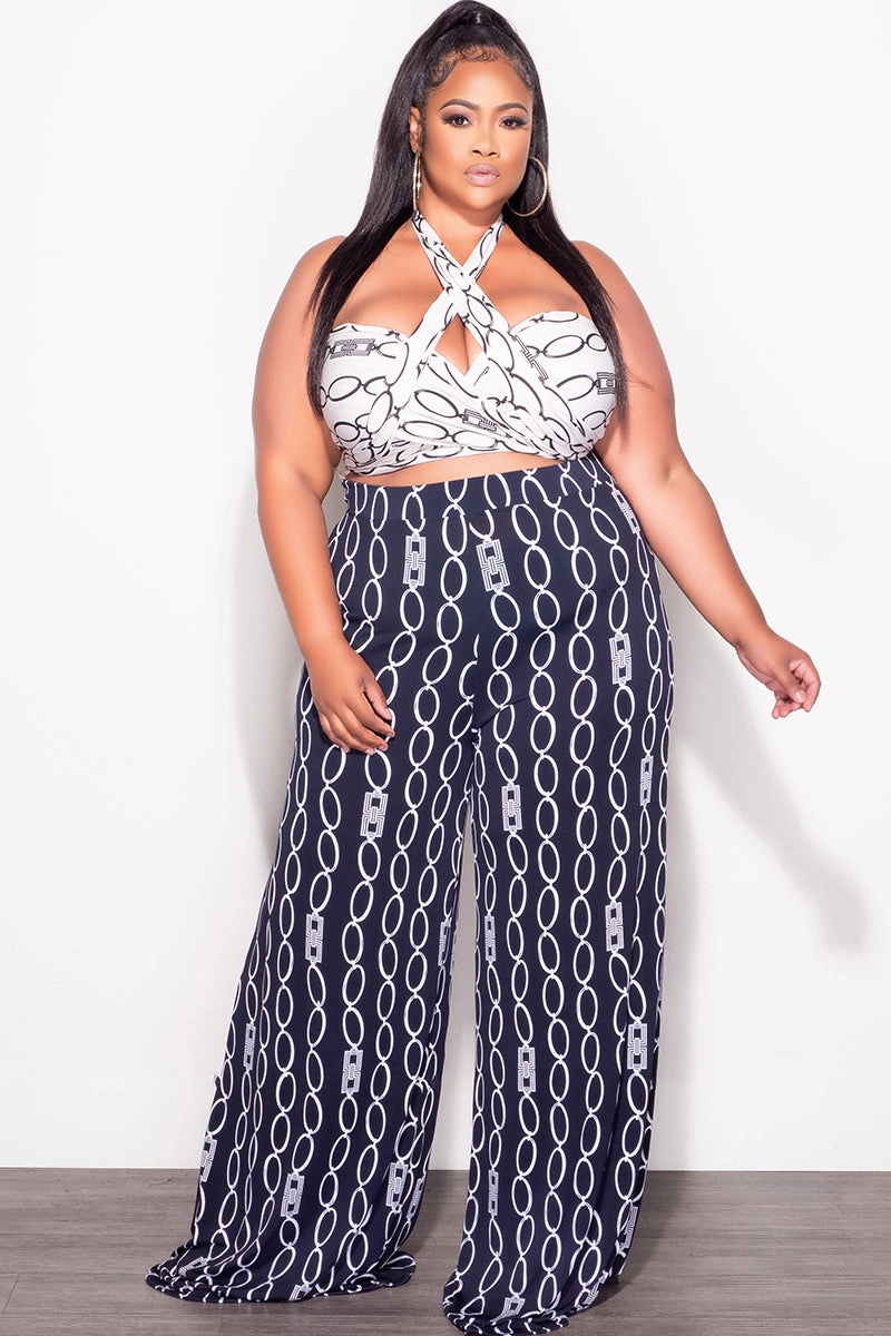 Versatile Design Final Sale Plus Size 2pc Set Black & White Self Tie Top & Pants in Navy & White Chain Print