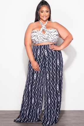 Final Sale Plus Size 2pc Set Black & White Self Tie Top & Pants in Navy & White Chain Print Flexible Comfort
